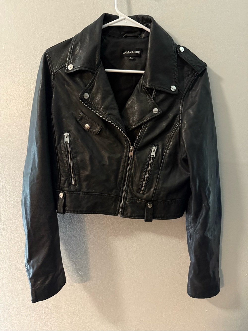Lamarque Black Leather Cropped Moto Jacket